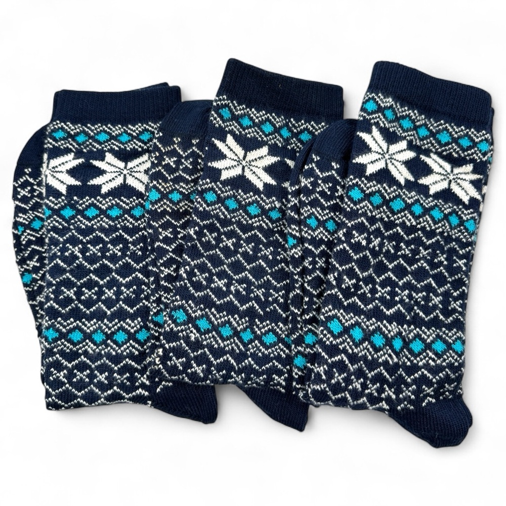 No Nonsense Fair Isle Mid Calf Boot Socks Snowflakes Size 4-10 Navy 3 Pairs